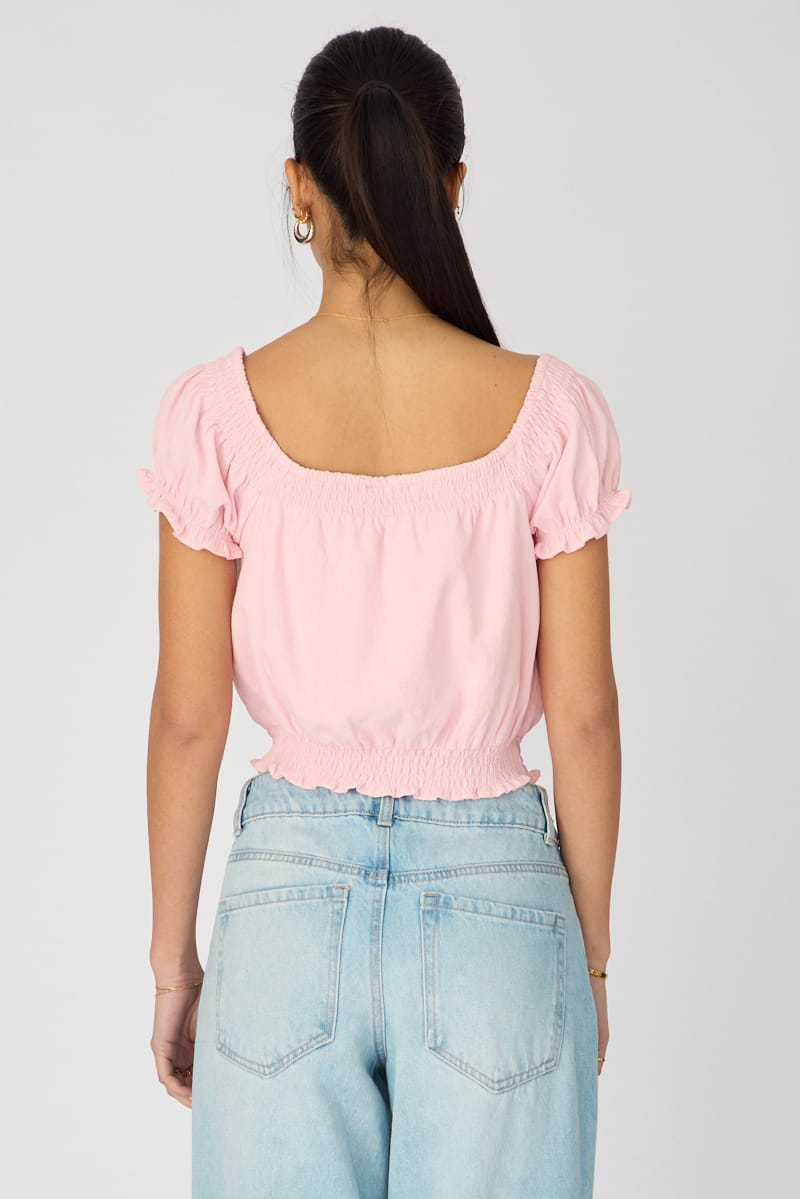 Pink Puff Sleeve Blouse Short Sleeve Relaxed Fit for Ally Fashion