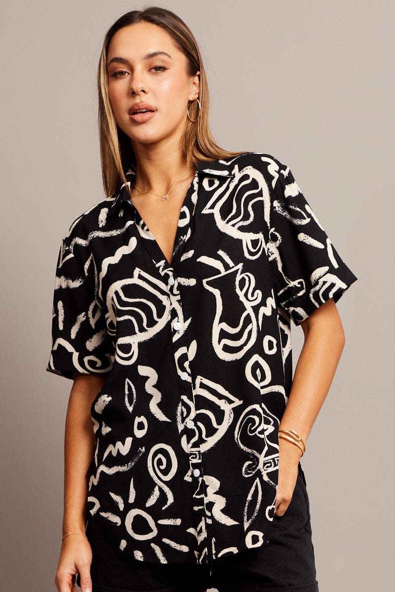 Black Abstract Relaxed Shirt Short Sleeve V-Neck | Ally Fashion