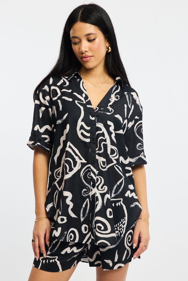 Black Abstract Relaxed Shirt Short Sleeve for Ally Fashion