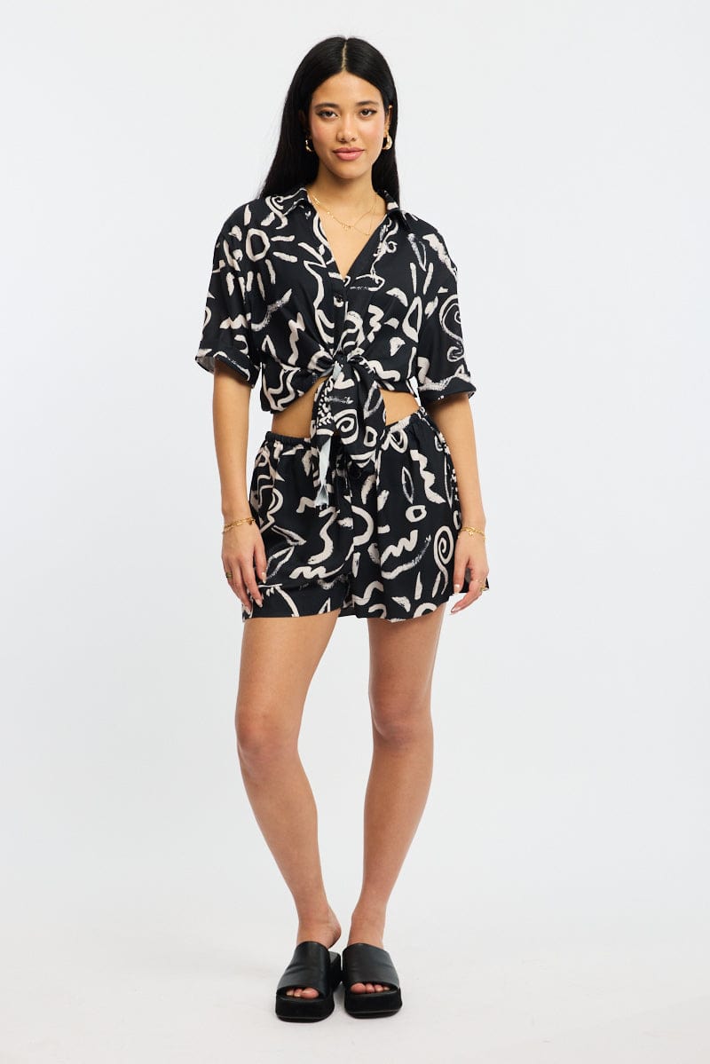 Black Abstract Relaxed Shirt Short Sleeve for Ally Fashion