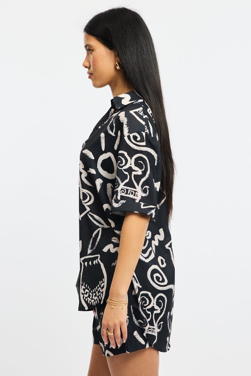 Black Abstract Relaxed Shirt Short Sleeve for Ally Fashion