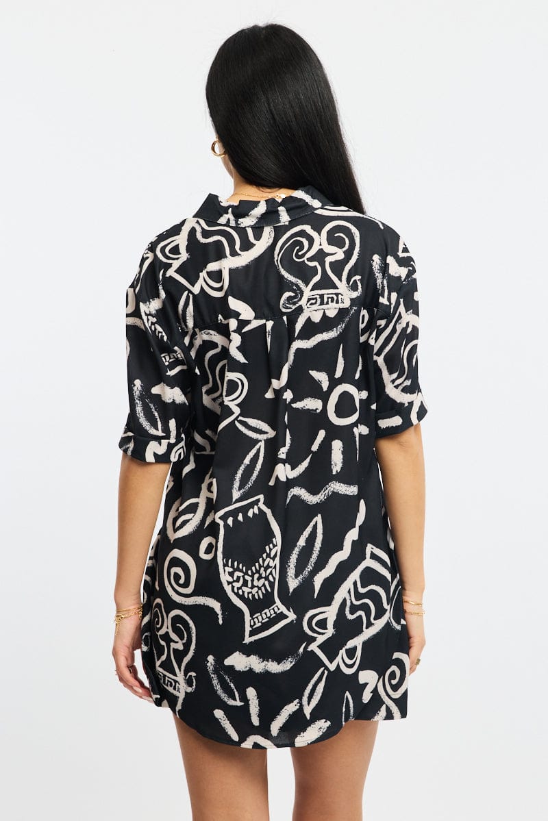 Black Abstract Relaxed Shirt Short Sleeve for Ally Fashion