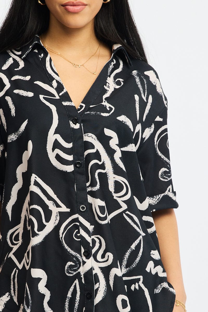 Black Abstract Relaxed Shirt Short Sleeve for Ally Fashion