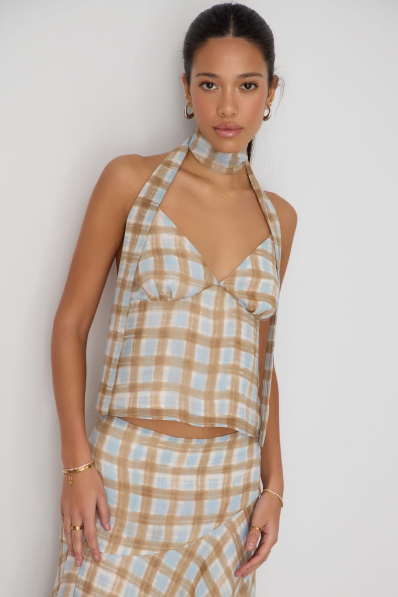 Brown Check Chiffon Top Sleeveless V-neck Scarf for Ally Fashion