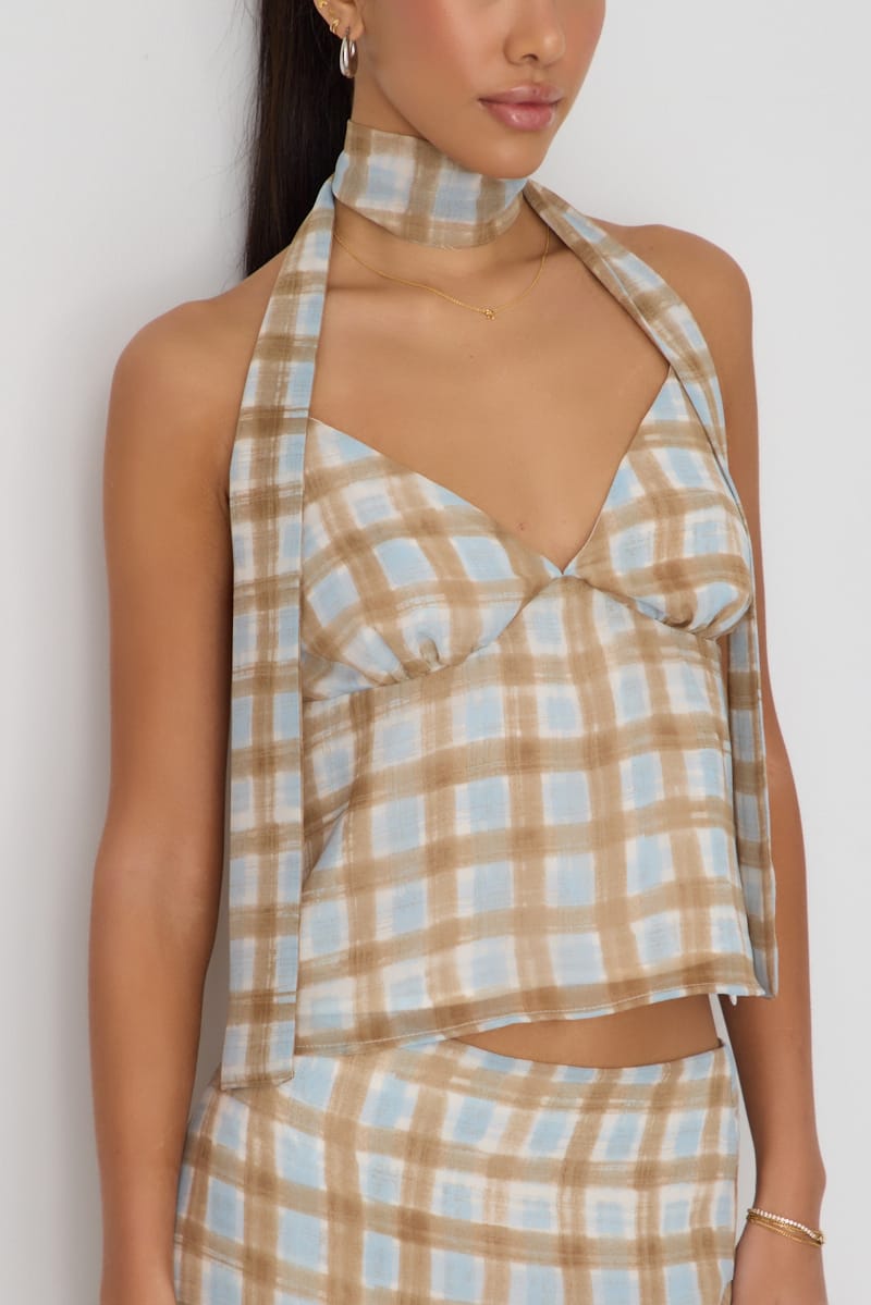 Brown Check Chiffon Top Sleeveless V-neck Scarf for Ally Fashion