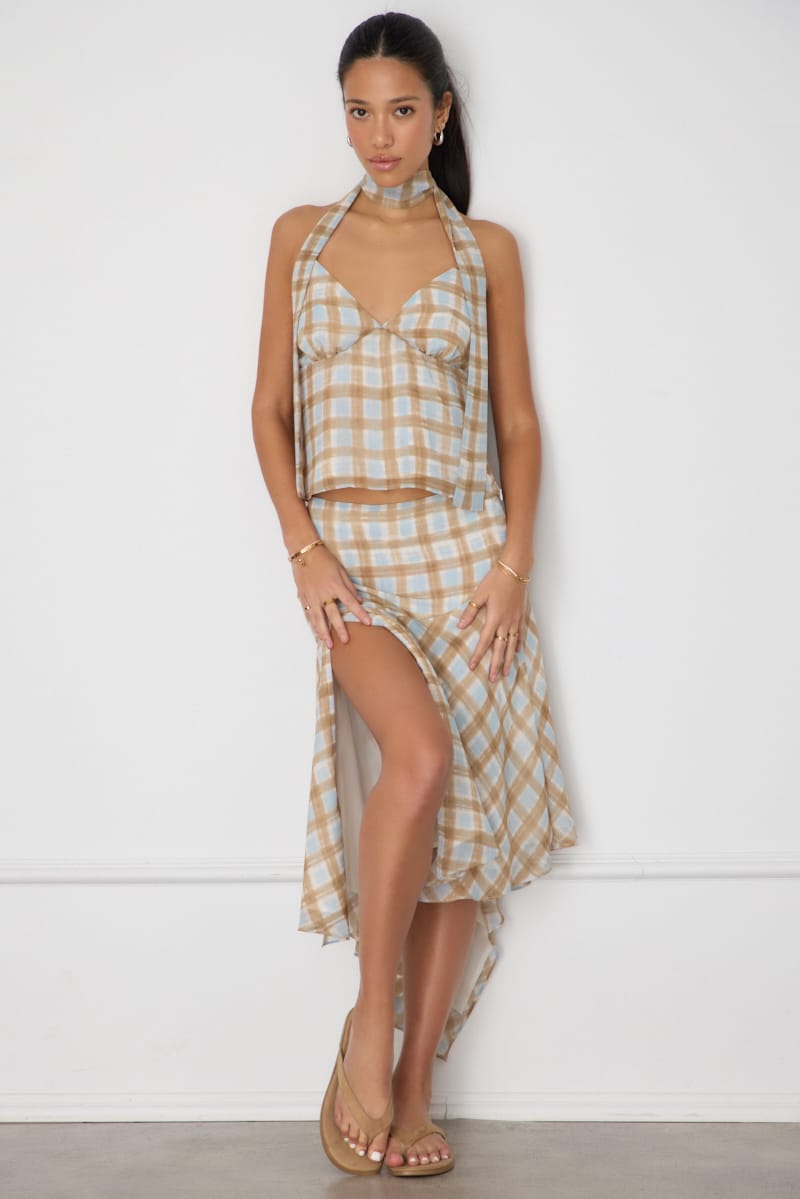 Brown Check Chiffon Top Sleeveless V-neck Scarf for Ally Fashion