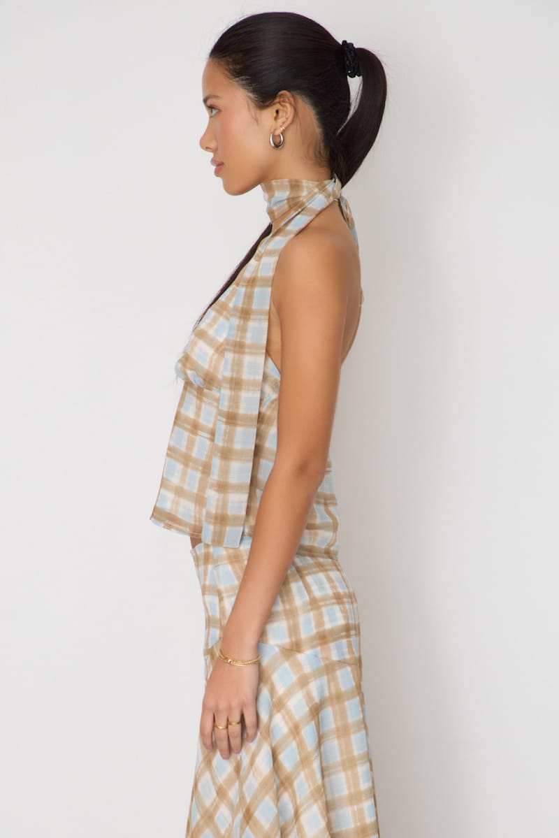 Brown Check Chiffon Top Sleeveless V-neck Scarf for Ally Fashion