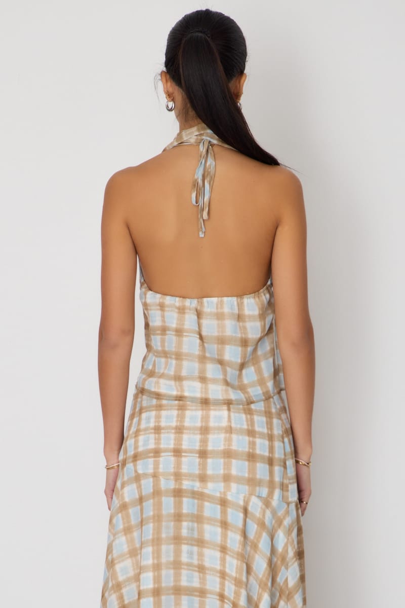 Brown Check Chiffon Top Sleeveless V-neck Scarf for Ally Fashion
