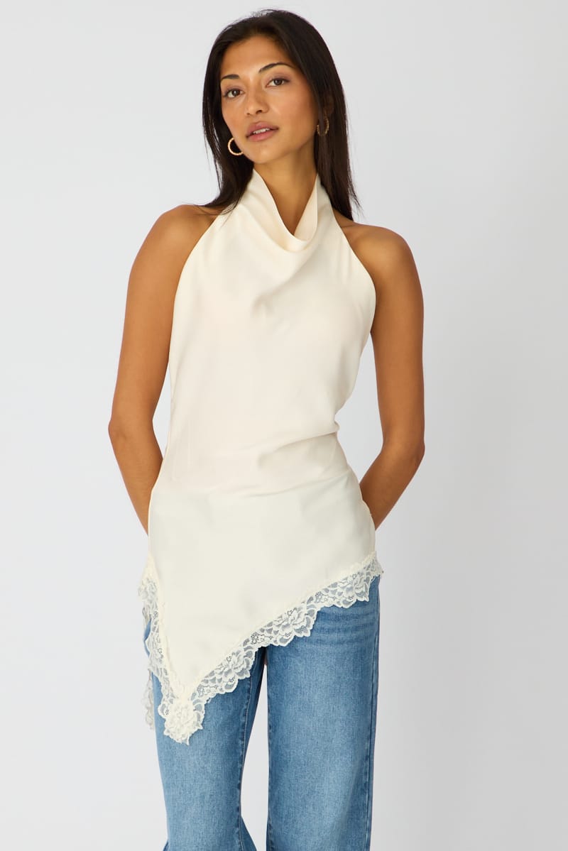 White Halter Lace Top Sleeveless Satin for Ally Fashion