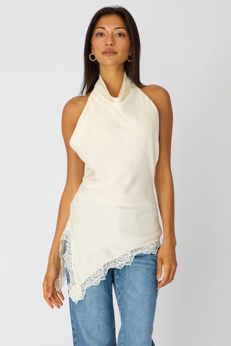 White Halter Lace Top Sleeveless Satin for Ally Fashion