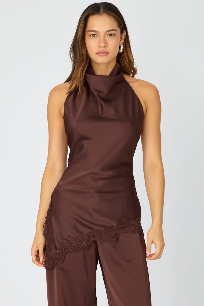 Brown Halter Lace Top Sleeveless Satin for Ally Fashion