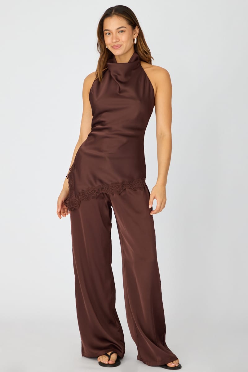 Brown Halter Lace Top Sleeveless Satin for Ally Fashion