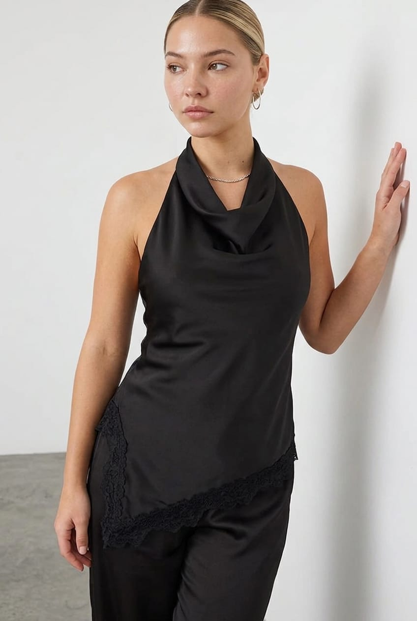 Black Halter Lace Top Sleeveless Satin from Ally Fashion