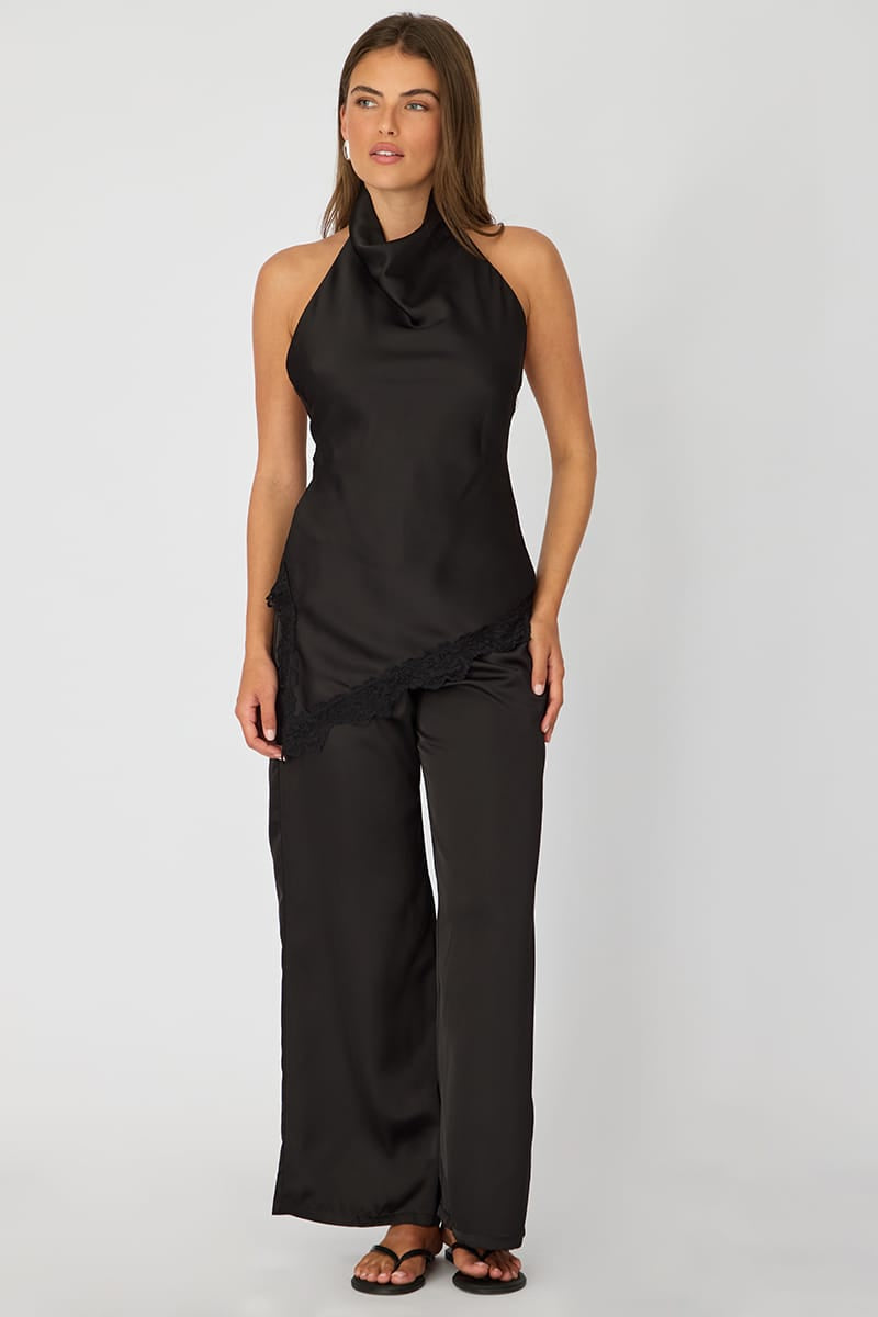 Black Halter Lace Top Sleeveless Satin for Ally Fashion