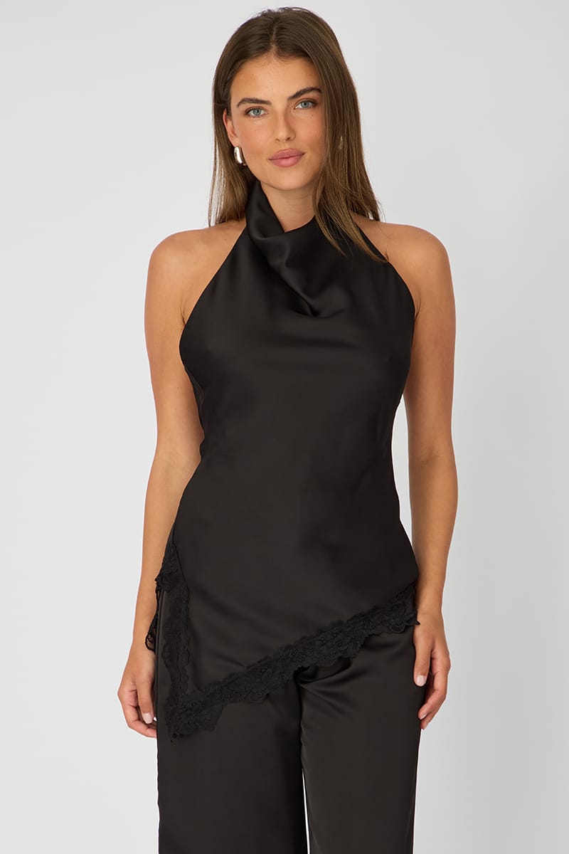 Black Halter Lace Top Sleeveless Satin for Ally Fashion