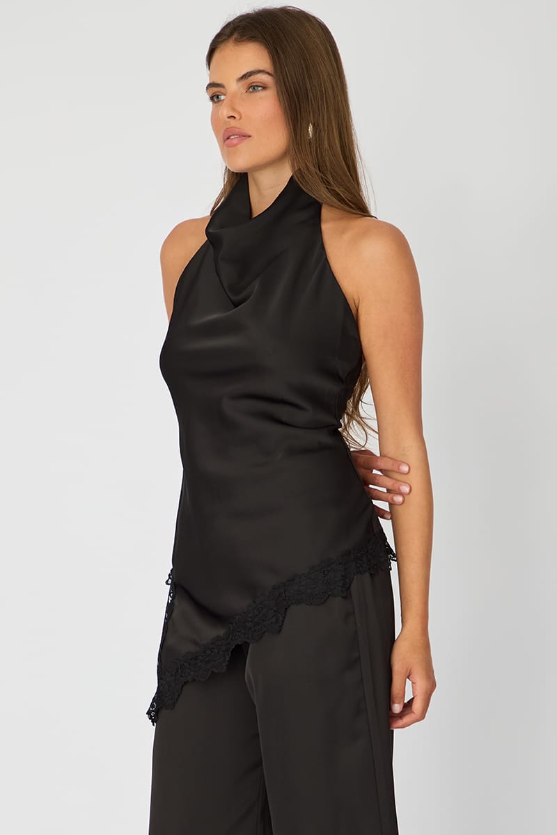 Black Halter Lace Top Sleeveless Satin for Ally Fashion