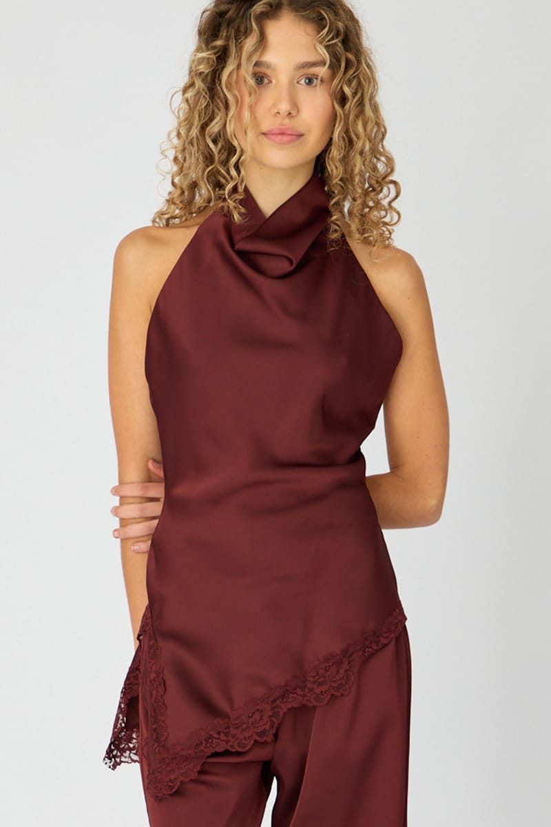 Purple Lace Halter Top Sleeveless Satin for Ally Fashion