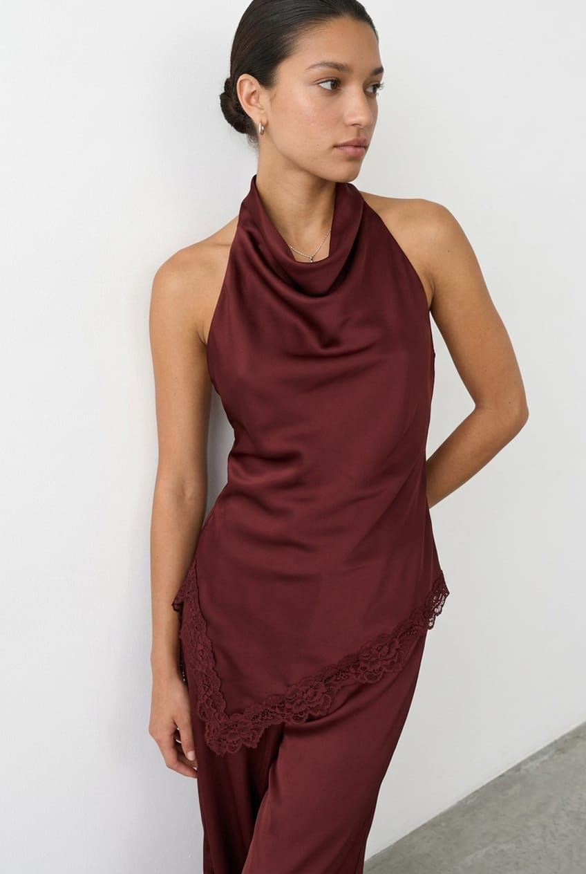 Burgundy Lace Halter Top Sleeveless Satin for Ally Fashion