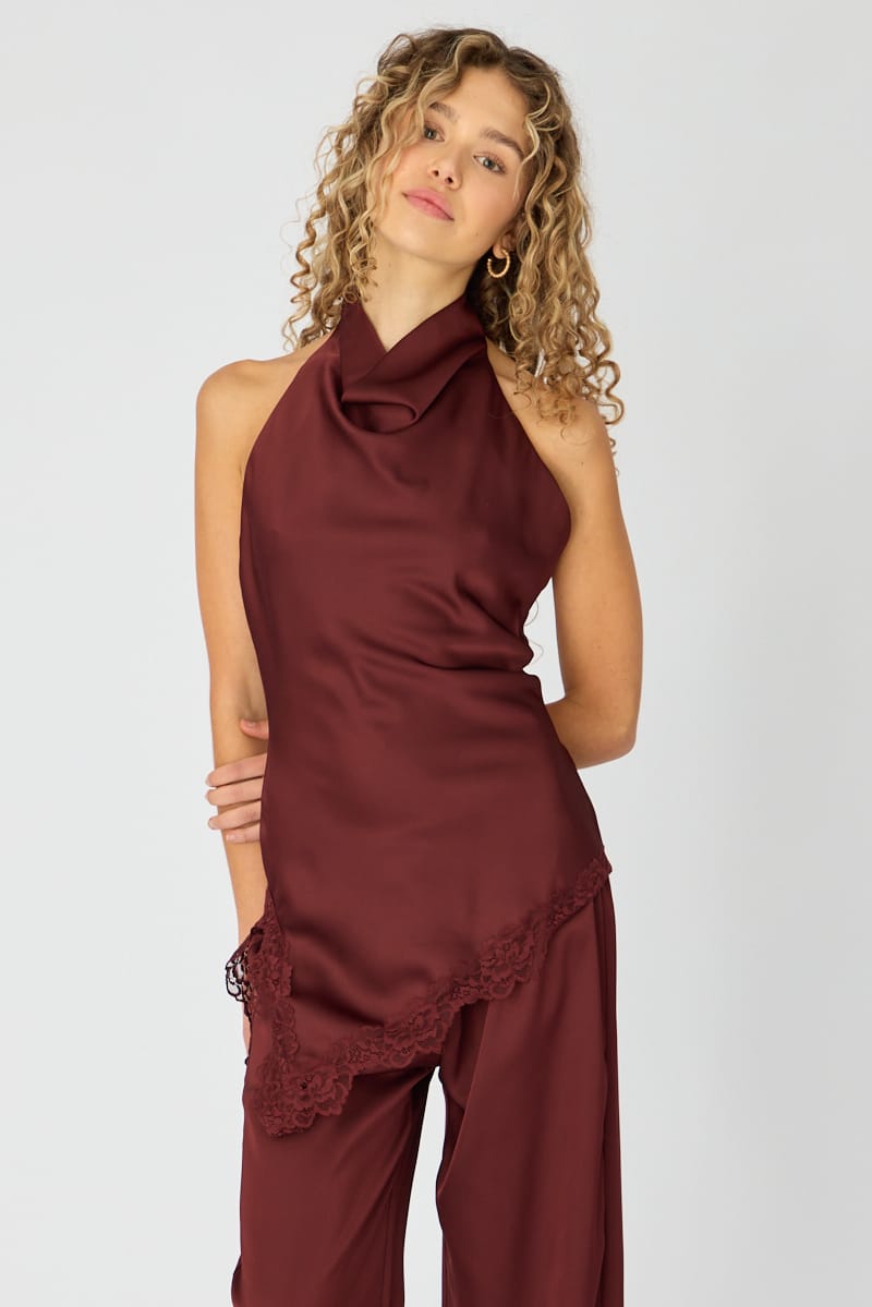 Purple Lace Halter Top Sleeveless Satin for Ally Fashion