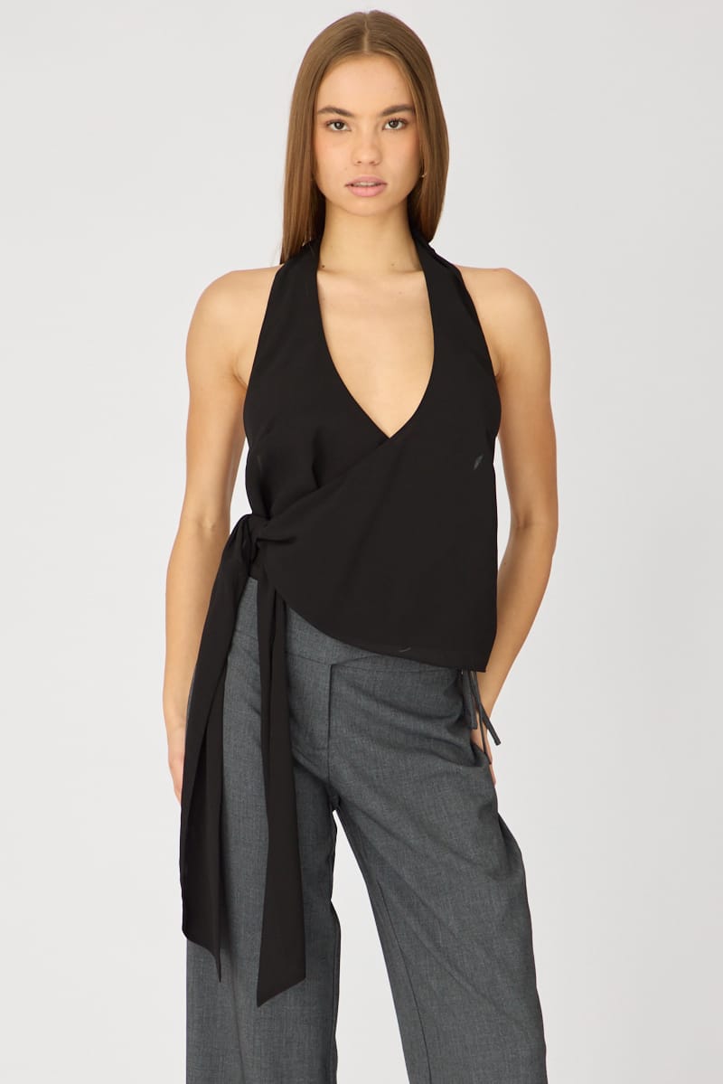 Black Halter Chiffon Top Sleeveless Wrap Around Style for Ally Fashion