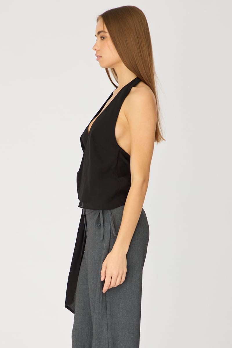 Black Halter Chiffon Top Sleeveless Wrap Around Style for Ally Fashion