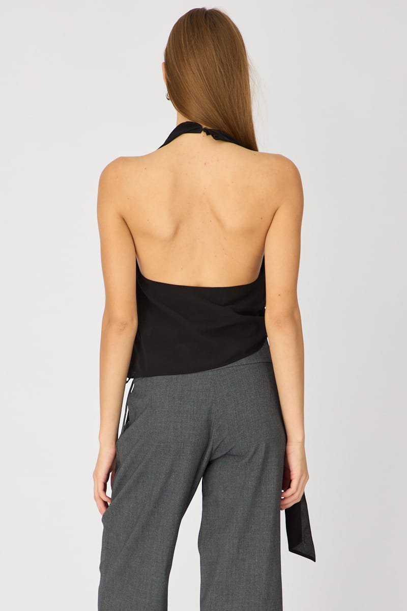 Black Halter Chiffon Top Sleeveless Wrap Around Style for Ally Fashion