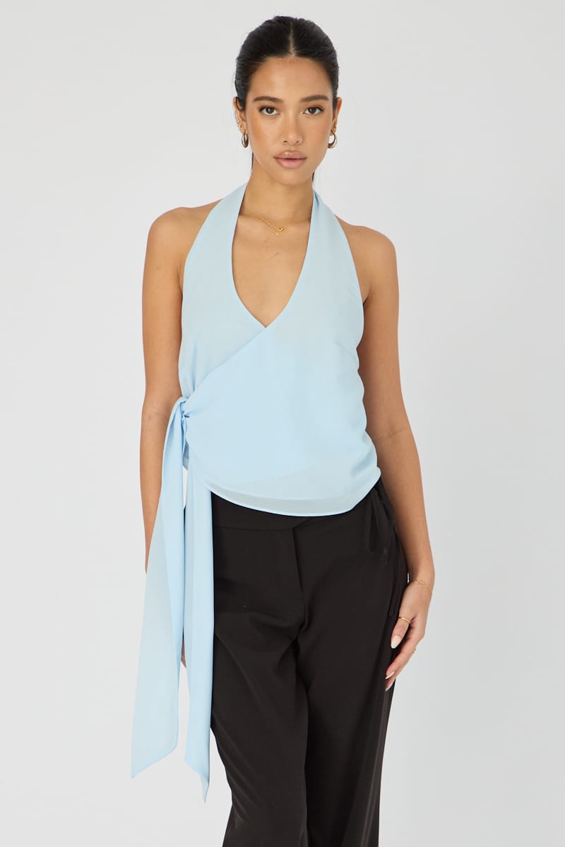 Blue Halter Chiffon Top Sleeveless Wrap Around Style for Ally Fashion