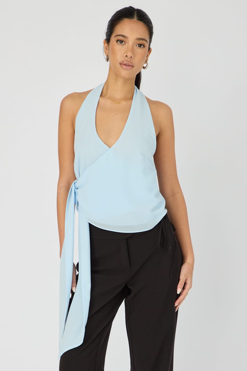 Blue Halter Chiffon Top Sleeveless Wrap Around Style for Ally Fashion