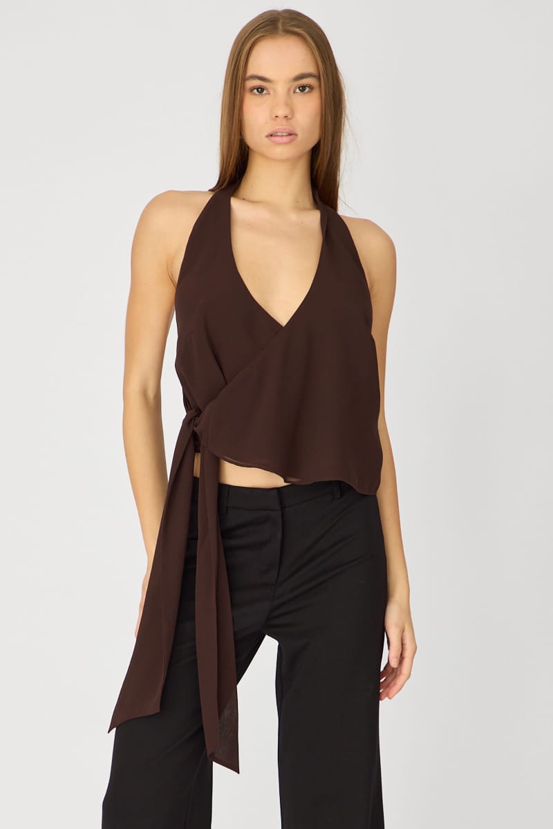 Brown Halter Chiffon Top Sleeveless Wrap Around Style for Ally Fashion