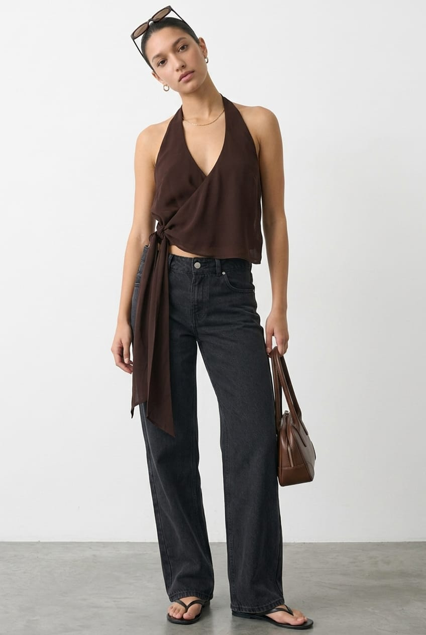 Brown Halter Chiffon Top Sleeveless Wrap Around Style for Ally Fashion