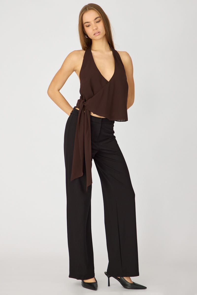 Brown Halter Chiffon Top Sleeveless Wrap Around Style for Ally Fashion
