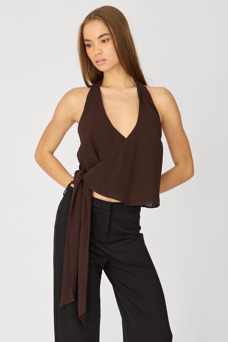 Brown Halter Chiffon Top Sleeveless Wrap Around Style for Ally Fashion