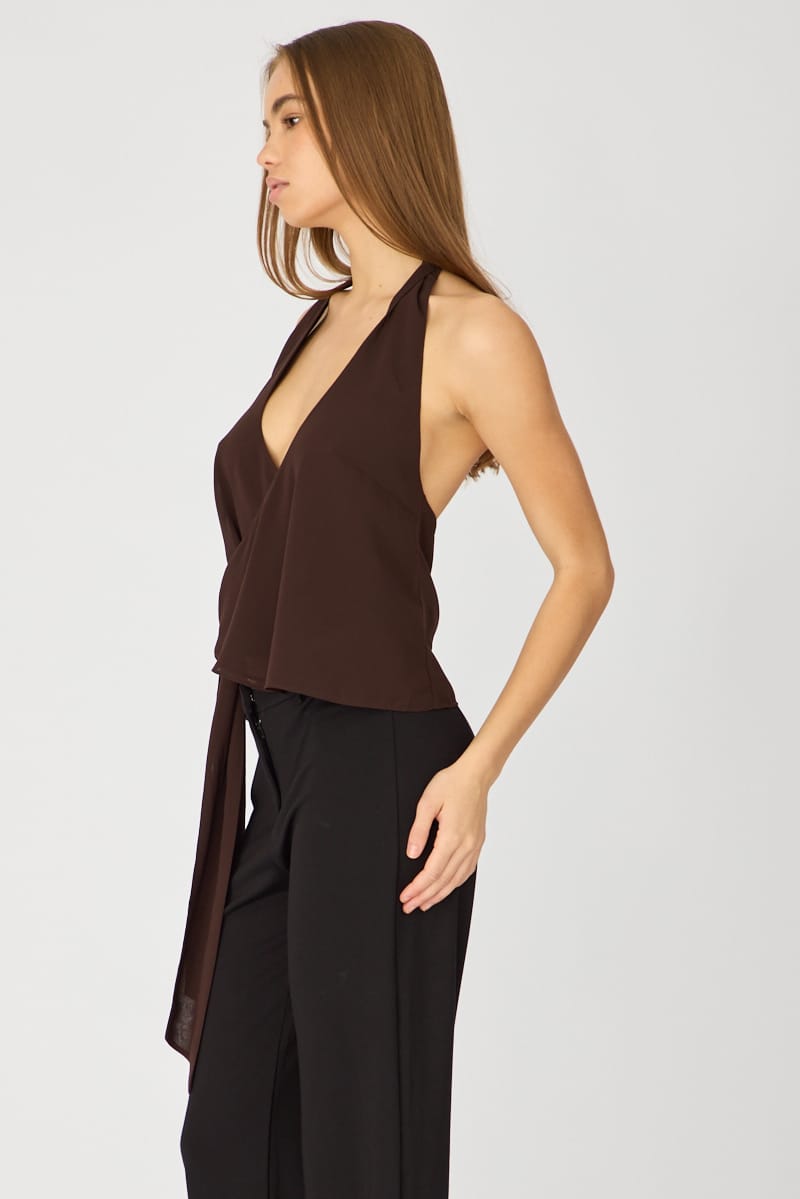 Brown Halter Chiffon Top Sleeveless Wrap Around Style for Ally Fashion