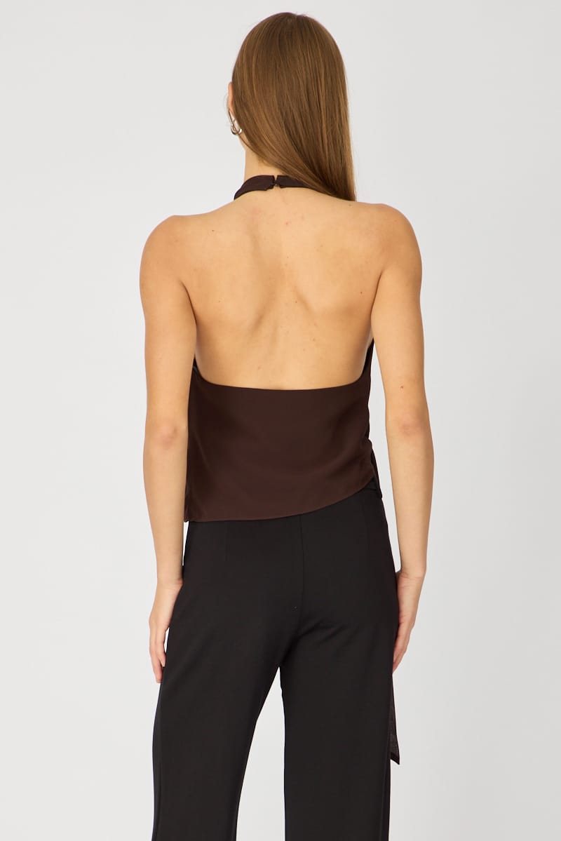 Brown Halter Chiffon Top Sleeveless Wrap Around Style for Ally Fashion