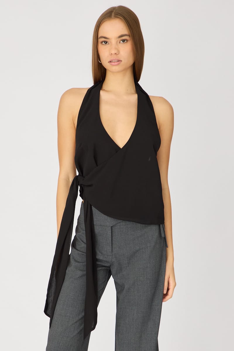 Brown Halter Chiffon Top Sleeveless Wrap Around Style for Ally Fashion