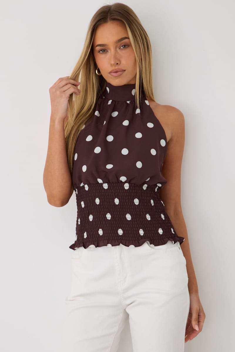 Brown Polka Dot Halter Neck Top Sleeveless Shirred Waistline for Ally Fashion