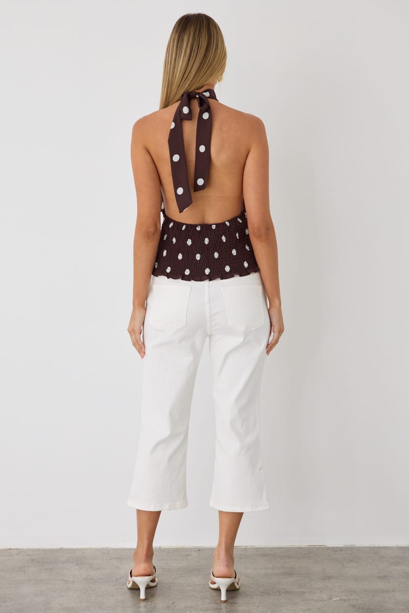 Brown Polka Dot Halter Neck Top Sleeveless Shirred Waistline for Ally Fashion