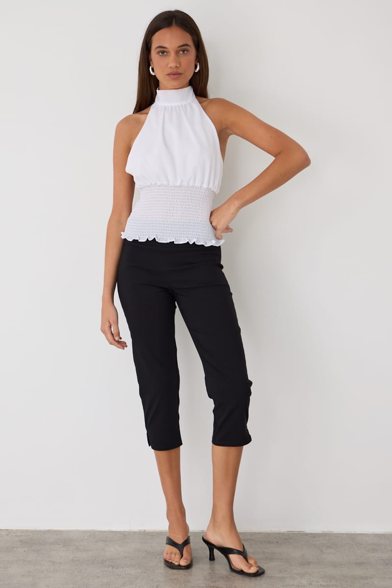 White Polka Dot Halter Neck Top Sleeveless Shirred Waistline for Ally Fashion