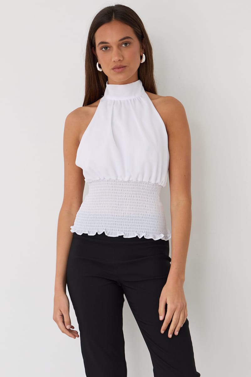 White Polka Dot Halter Neck Top Sleeveless Shirred Waistline for Ally Fashion