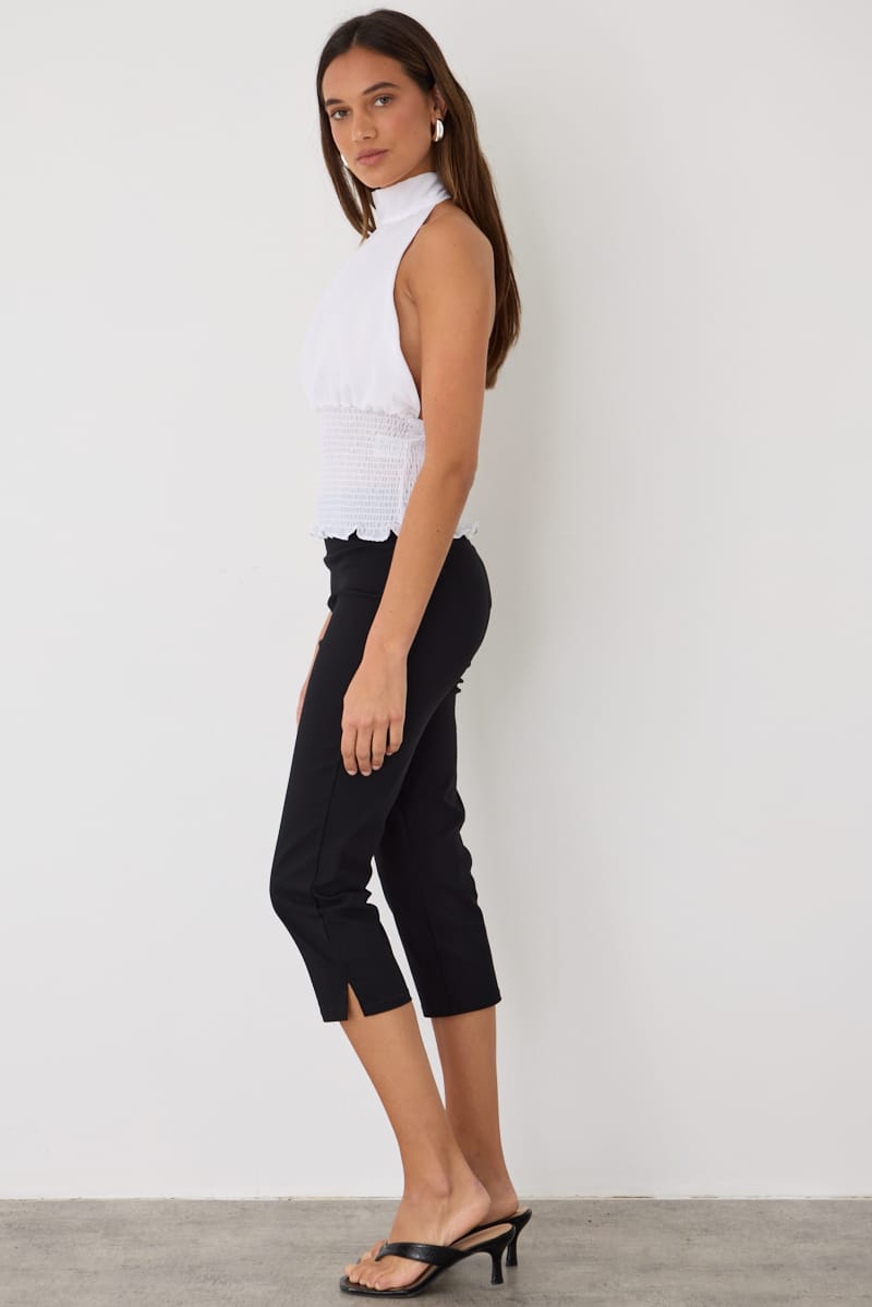 White Polka Dot Halter Neck Top Sleeveless Shirred Waistline for Ally Fashion