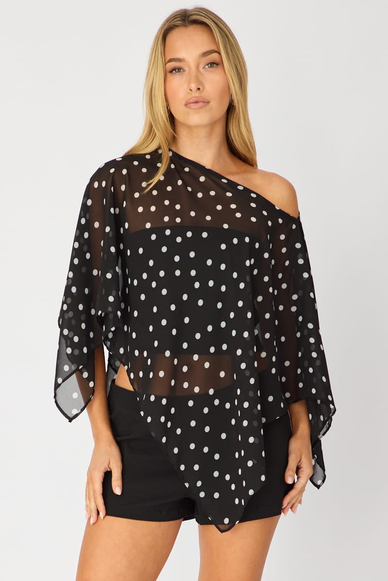Black Polka Dot Chiffon Poncho Off Shoulder Polka Dot for Ally Fashion