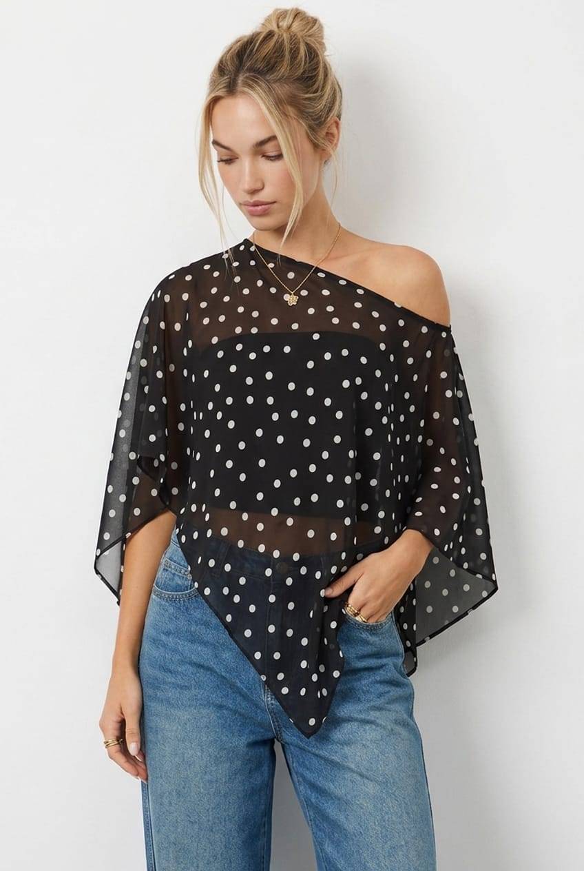 Black Polka Dot Chiffon Poncho Off Shoulder Polka Dot for Ally Fashion