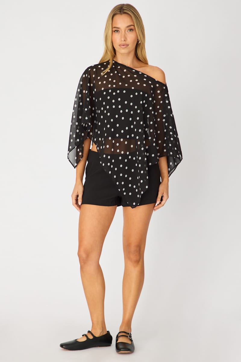 Black Polka Dot Chiffon Poncho Off Shoulder Polka Dot for Ally Fashion