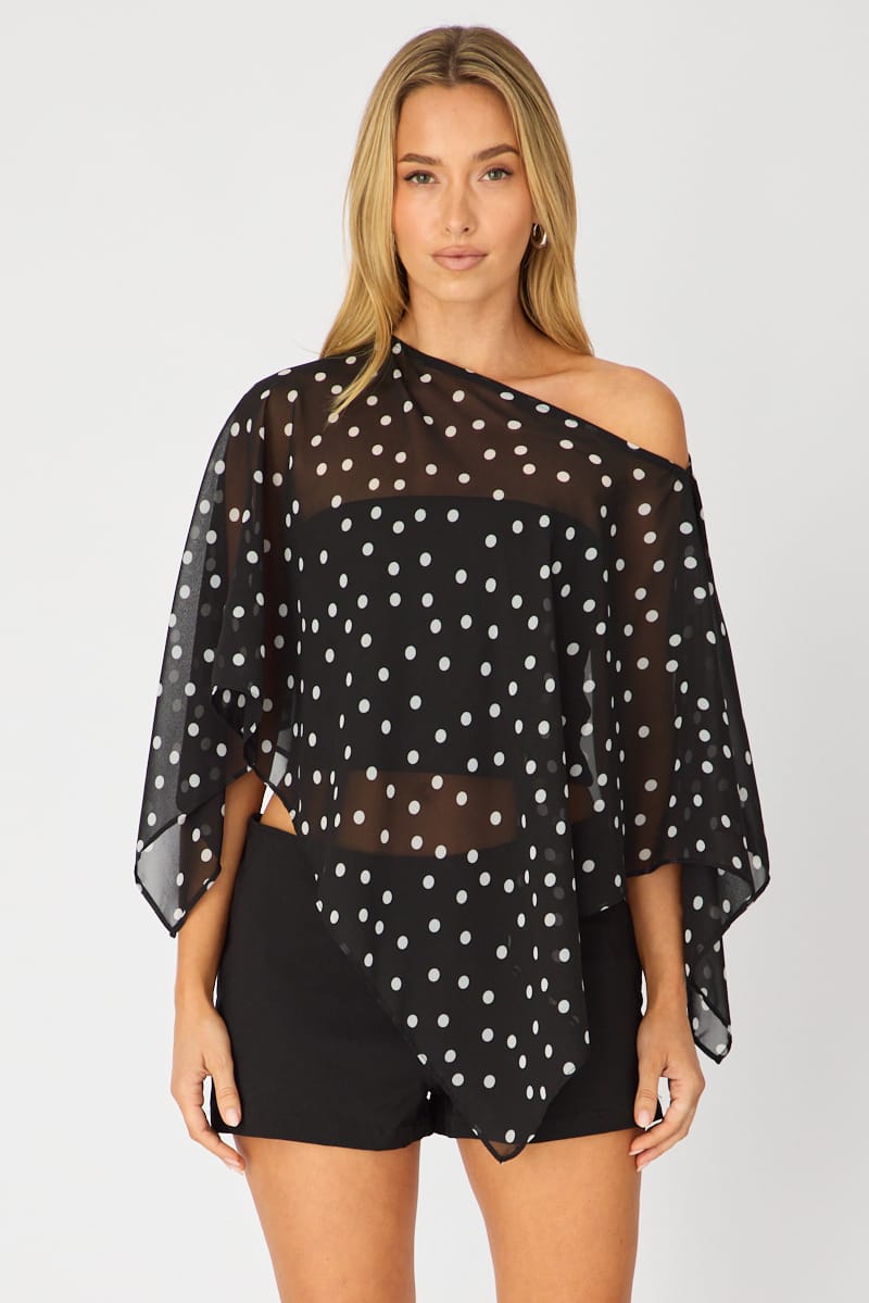 Black Polka Dot Chiffon Poncho Off Shoulder Polka Dot for Ally Fashion