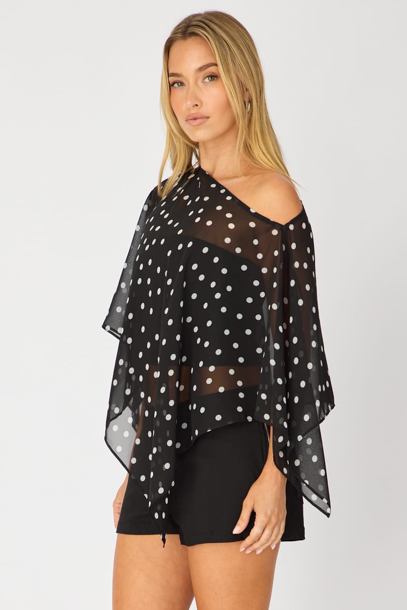 Black Polka Dot Chiffon Poncho Off Shoulder Polka Dot for Ally Fashion