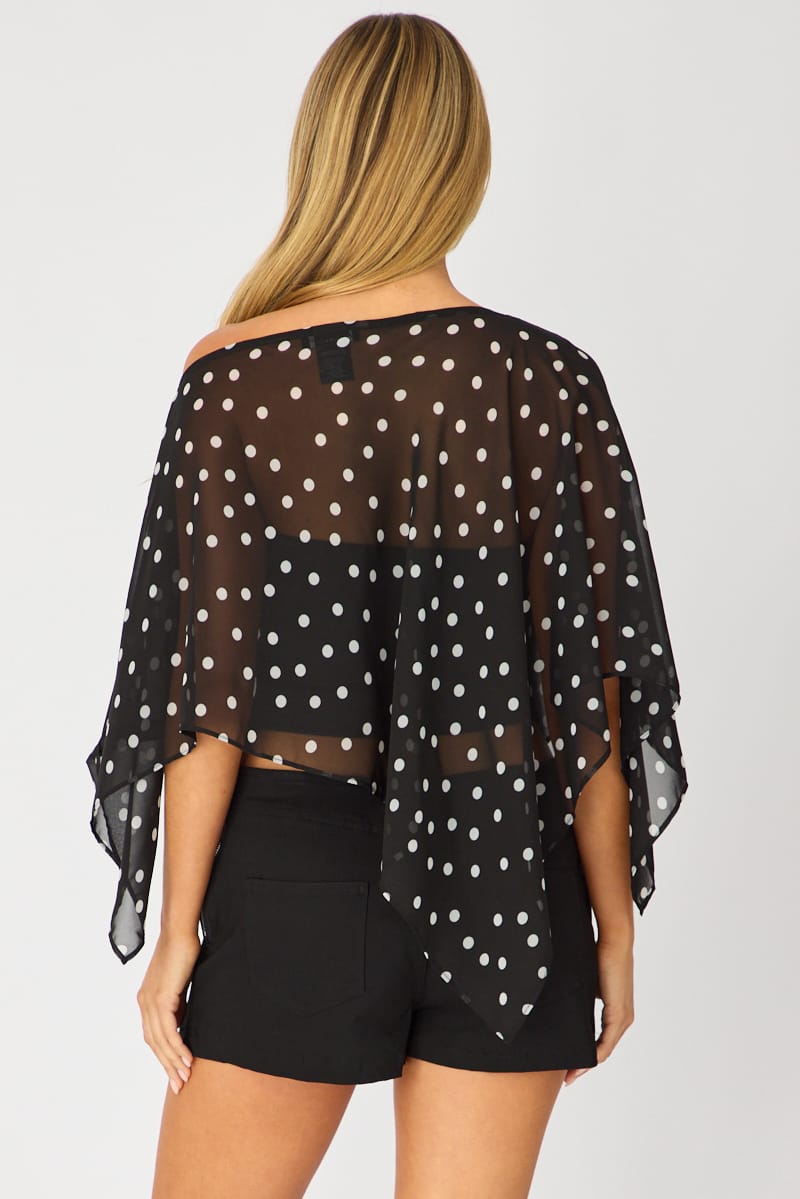 Black Polka Dot Chiffon Poncho Off Shoulder Polka Dot for Ally Fashion