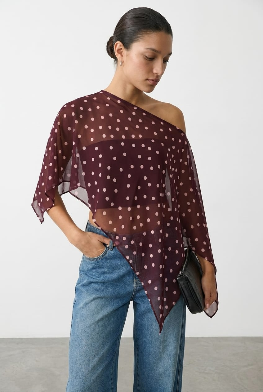 Red Polka Dot Chiffon Poncho Off Shoulder Polka Dot for Ally Fashion
