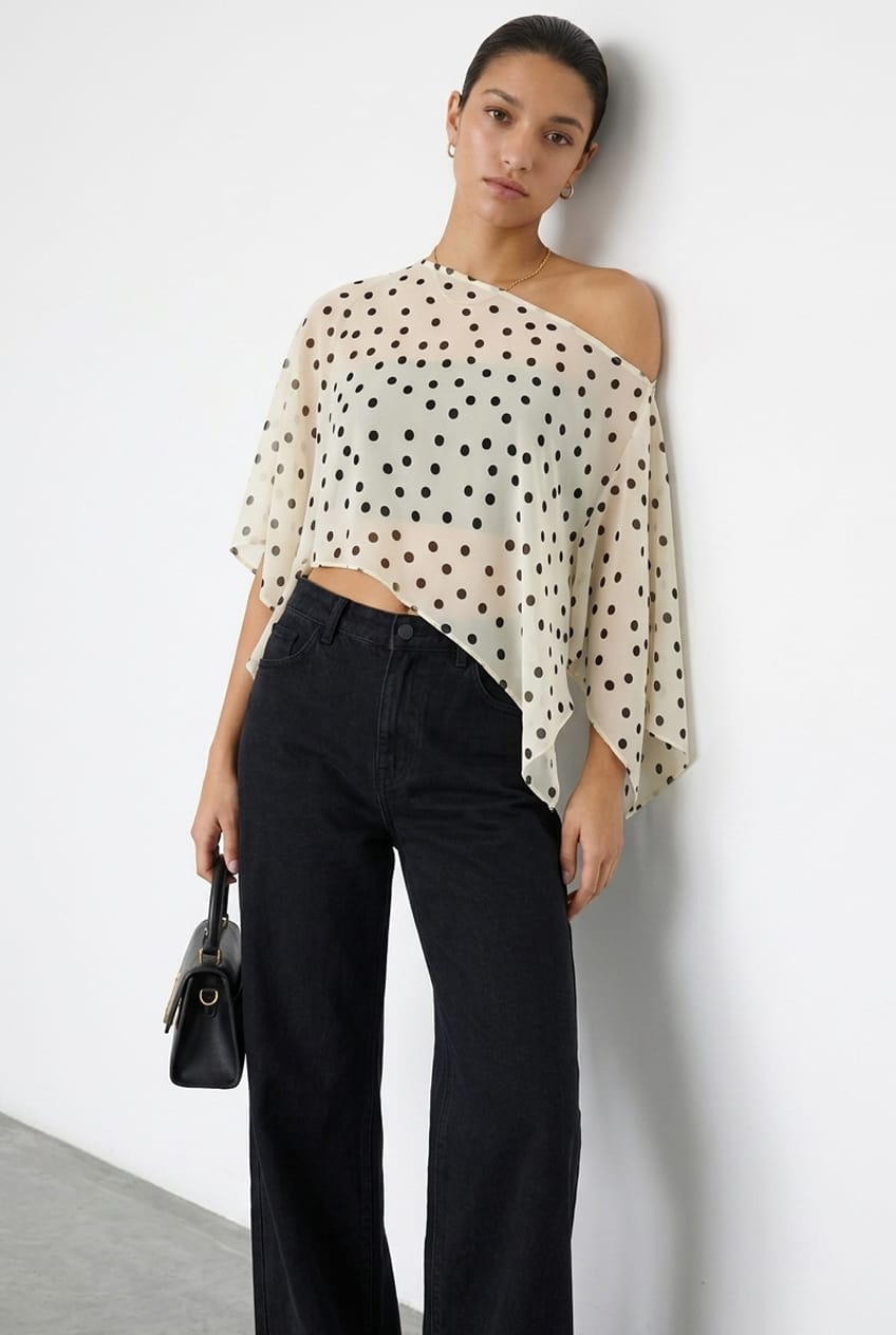 White Polka Dot Chiffon Poncho Off Shoulder Polka Dot for Ally Fashion