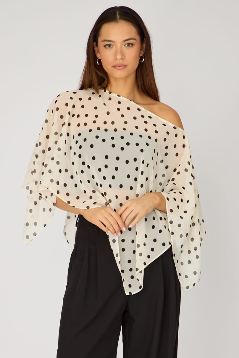 White Polka Dot Chiffon Poncho Off Shoulder Polka Dot for Ally Fashion