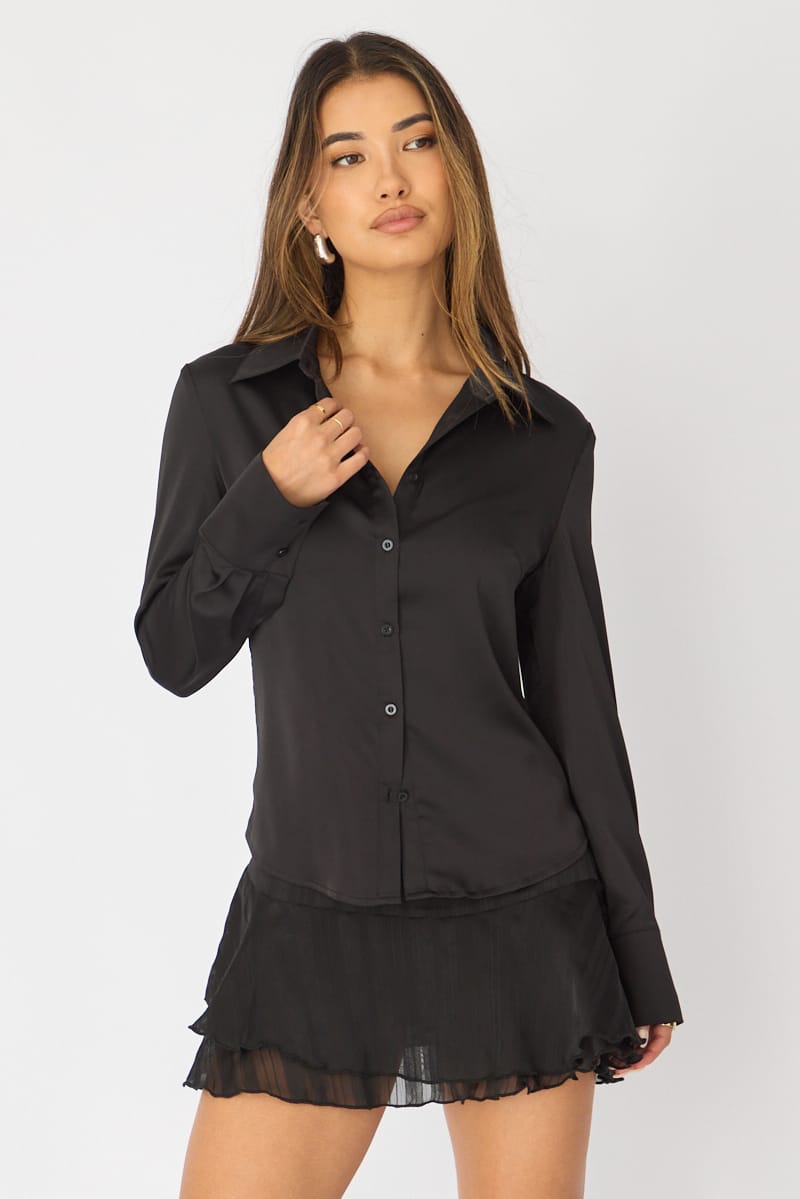 Black Satin Shirt Long Sleeve Collar for Ally Fashion